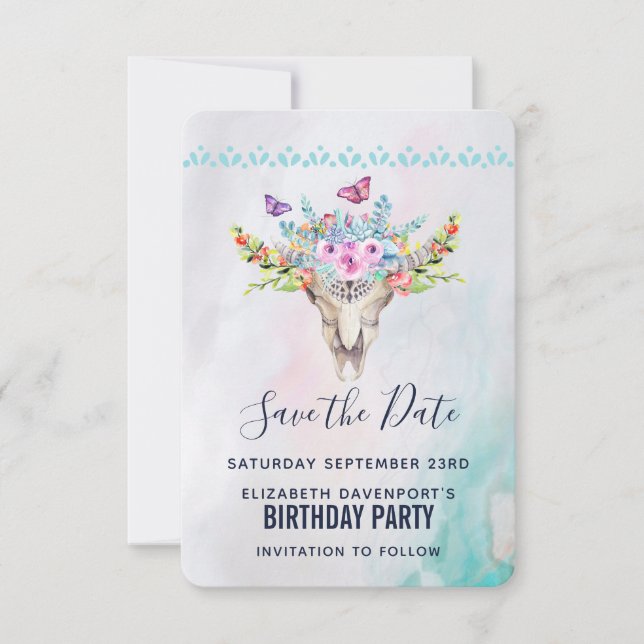 Boho Animal Skull med Butterflies och Flowers Inbjudningar (Framsida)