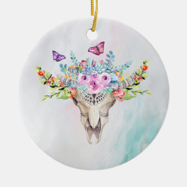 Boho Animal Skull med Butterflies och Flowers Julgransprydnad Keramik (Framsidan)