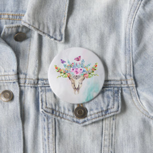 Boho Animal Skull med Butterflies och Flowers Knapp