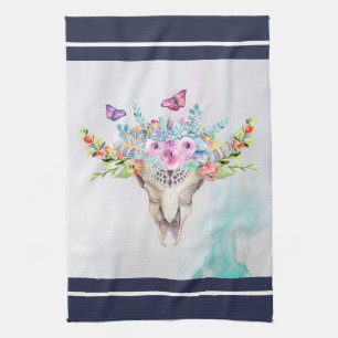 Boho Animal Skull med Butterflies och Flowers Kökshandduk