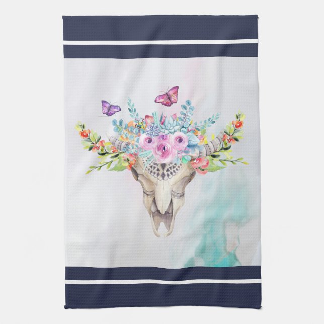 Boho Animal Skull med Butterflies och Flowers Kökshandduk (Vertikal)