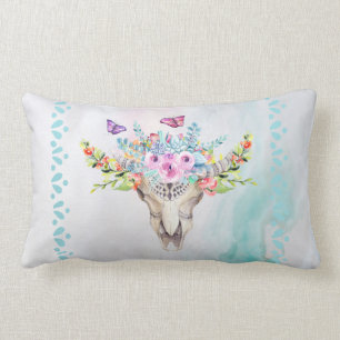 Boho Animal Skull med Butterflies och Flowers Lumbarkudde