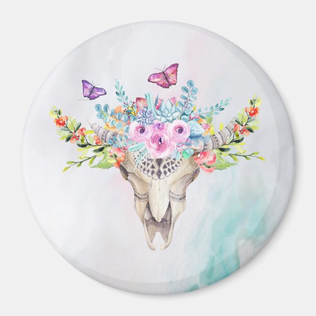 Boho Animal Skull med Butterflies och Flowers Magnet (Framsidan)