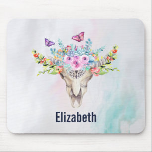 Boho Animal Skull med Butterflies och Flowers Musmatta