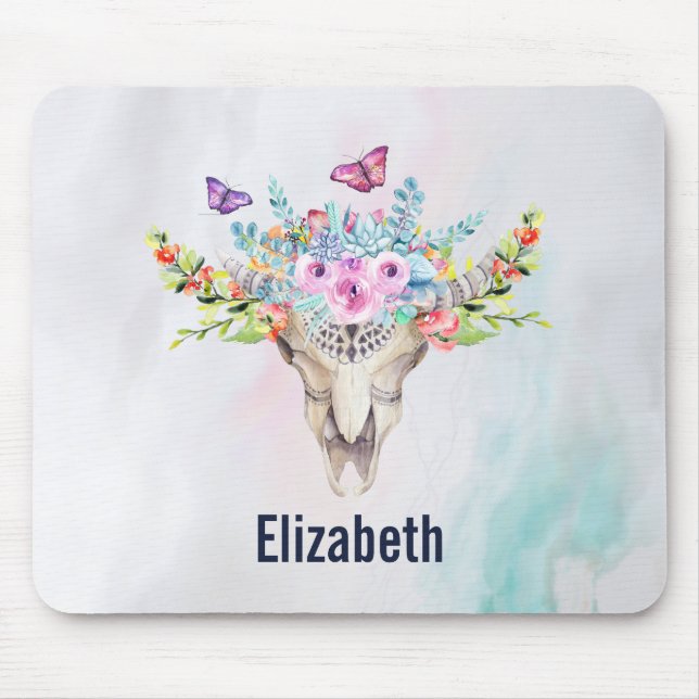 Boho Animal Skull med Butterflies och Flowers Musmatta (Framsidan)