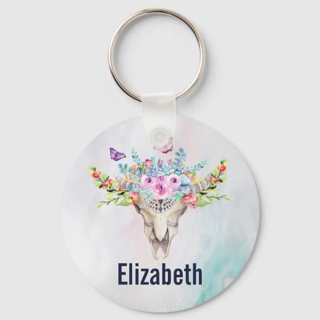 Boho Animal Skull med Butterflies och Flowers Nyckelring (Framsida)