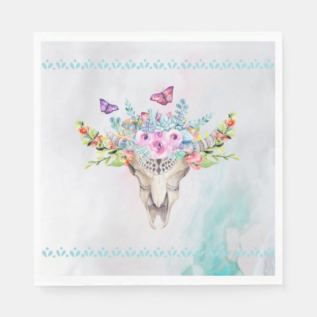 Boho Animal Skull med Butterflies och Flowers Pappersservett (Framsidan)