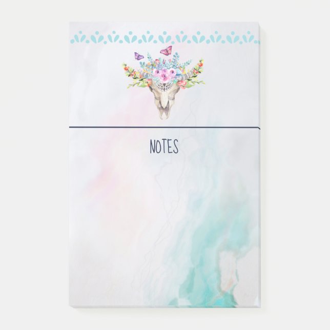 Boho Animal Skull med Butterflies och Flowers Post-it Block (Framsida)