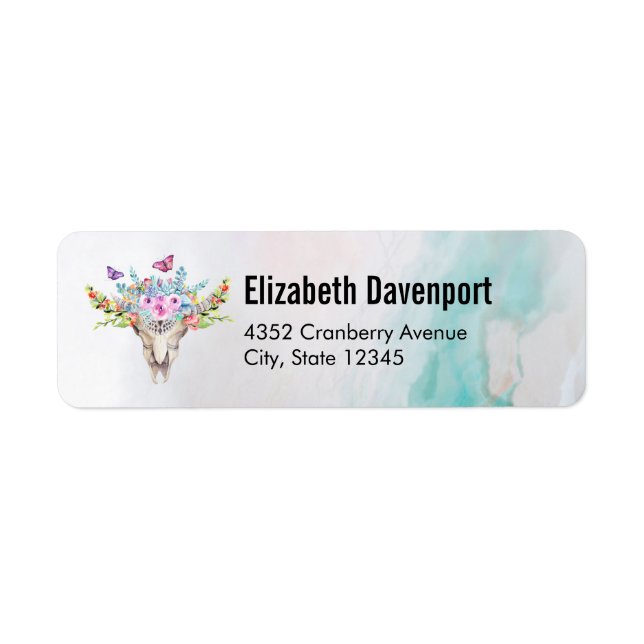 Boho Animal Skull med Butterflies och Flowers Returadress Etikett (Framsidan)