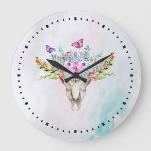 Boho Animal Skull med Butterflies och Flowers Stor Klocka