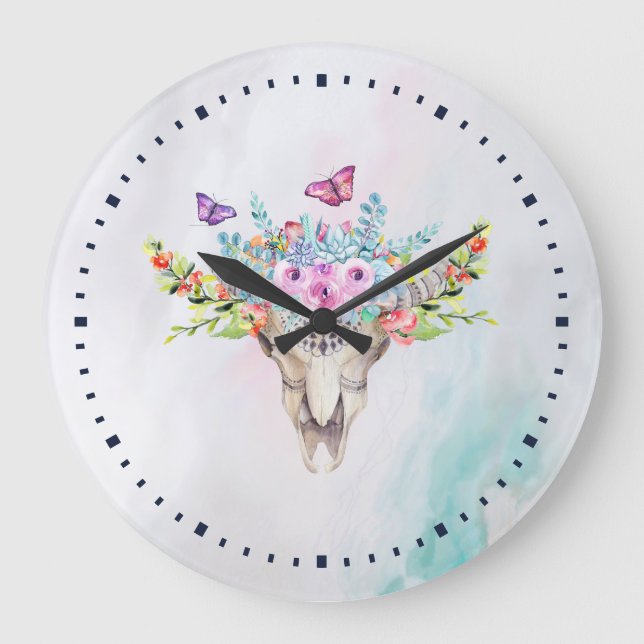 Boho Animal Skull med Butterflies och Flowers Stor Klocka (Framsida)