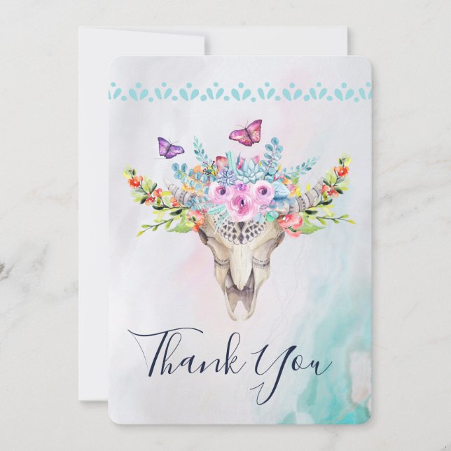 Boho Animal Skull med Butterflies och Flowers Tack Kort (Framsida)