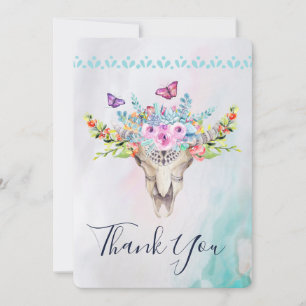 Boho Animal Skull med Butterflies och Flowers Tack Kort