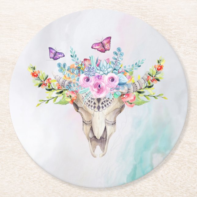 Boho Animal Skull med Butterflies och Flowers Underlägg Papper Rund (Framsidan)