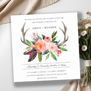 BOHO ANTLER-BLOMMIGT, LANDSBYGGSBRÖLLOPET FEATHER INBJUDNINGAR