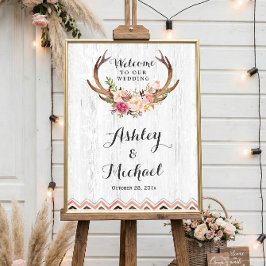 Boho Antler Blommigt Rustic White Wood Bröllop Sig Poster