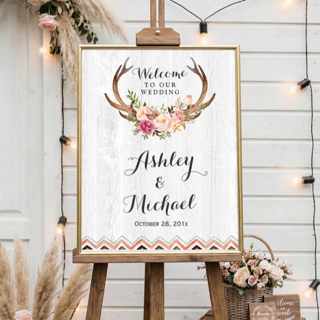 Boho Antler Blommigt Rustic White Wood Bröllop Sig Poster (Skapare uppladdad)