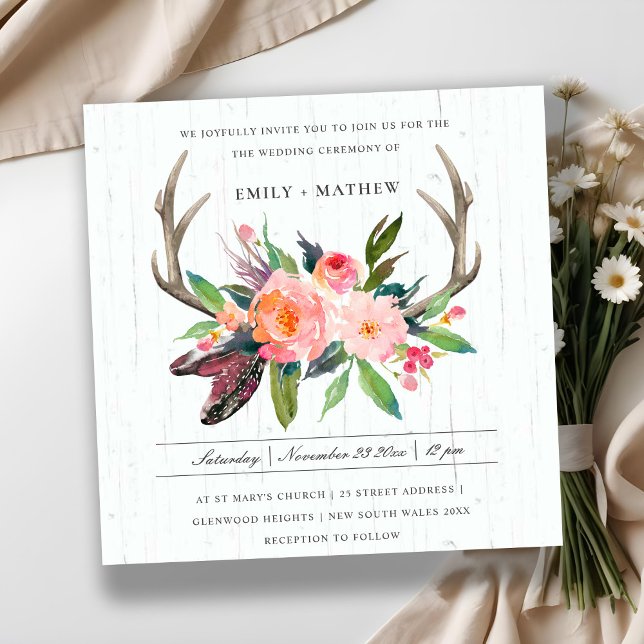 BOHO  ANTLER BLOMMIGT WOODEN LANDSBYGGSBRÖLLOP INBJUDNINGAR (Skapare uppladdad)