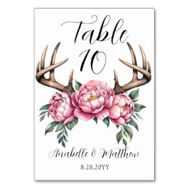 Boho Antler med Rosa Peonies Bröllop Bordsnummer