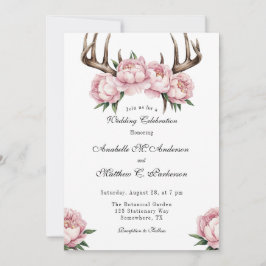 Boho Antler med Rosa Peonies Bröllop Firande Inbjudningar
