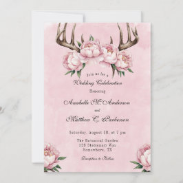 Boho Antler med Rosa Peonies Bröllop Firande Inbjudningar