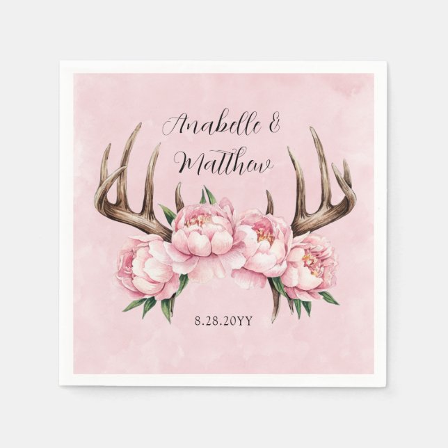 Boho Antler med Rosa Peonies Bröllop Pappersservett (Framsidan)