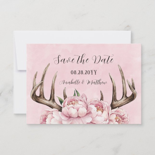 Boho Antler med Rosa Peonies Bröllop Spara Datumet (Framsida)