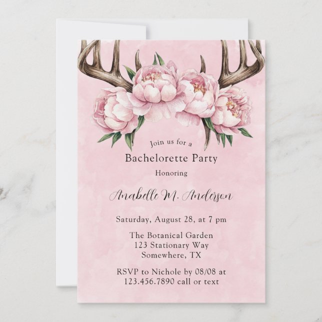 Boho Antler och Rosa Peonies Bachelorette Party Inbjudningar (Framsida)