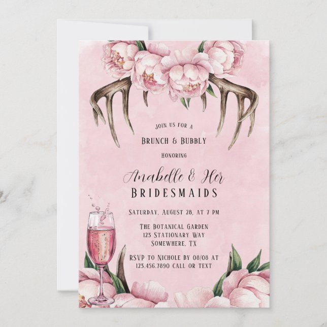 Boho Antler och Rosa Peonies Brunch & Bubly Inbjudningar (Framsida)