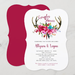 Boho Antlers Fuchsia Rosa Blommigt Par Shower Inbjudningar