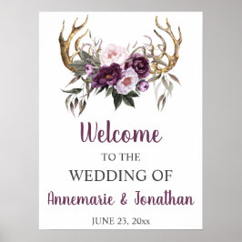 Boho Antlers Lila Plum Rosa Peonies Välkommen Poster