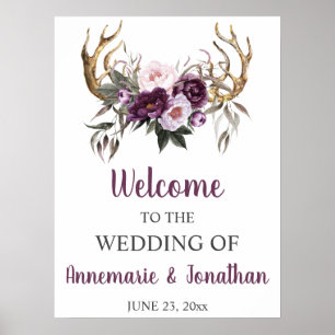Boho Antlers Lila Plum Rosa Peonies Välkommen Poster