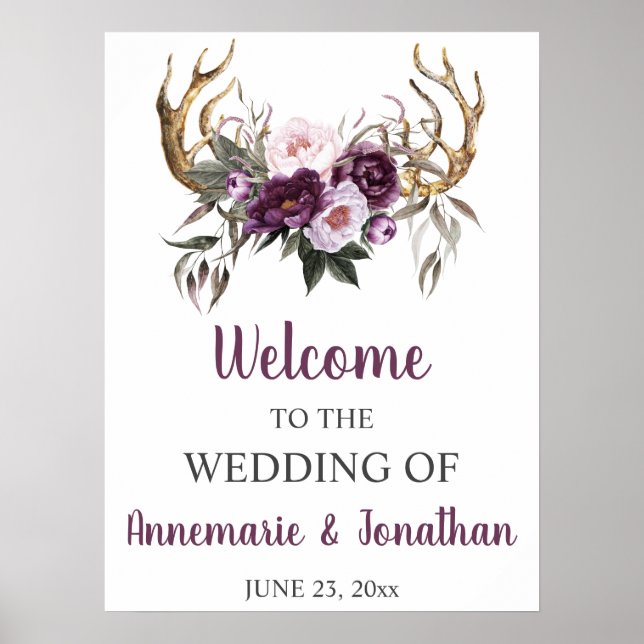 Boho Antlers Lila Plum Rosa Peonies Välkommen Poster (Framsidan)
