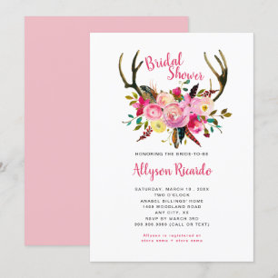 Boho Antlers Rosa Mix Blommigt Möhippa Inbjudningar