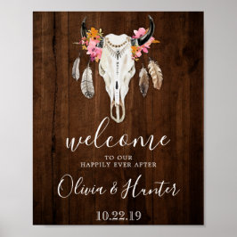 Boho Antlers Skull Mörk Wood Welcome Bröllop Poster