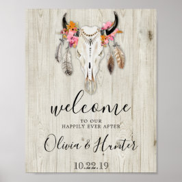 Boho Antlers Skull Wood Welcome Bröllop Poster