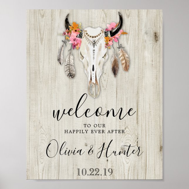 Boho Antlers Skull Wood Welcome Bröllop Poster (Framsidan)