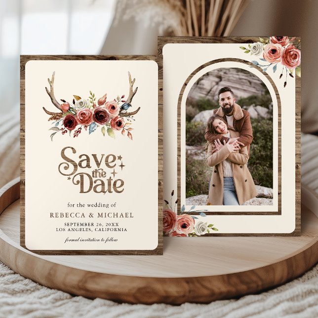 Boho Antlers Terracotta Floral Photo Wedding Spara Datumet (Skapare uppladdad)