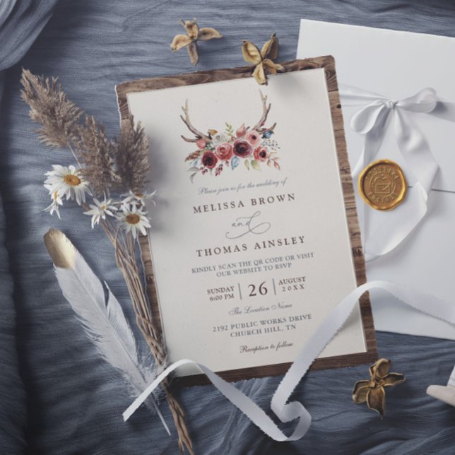 Boho Antlers Terracotta Floral QR Code Wedding Inbjudningar (Skapare uppladdad)