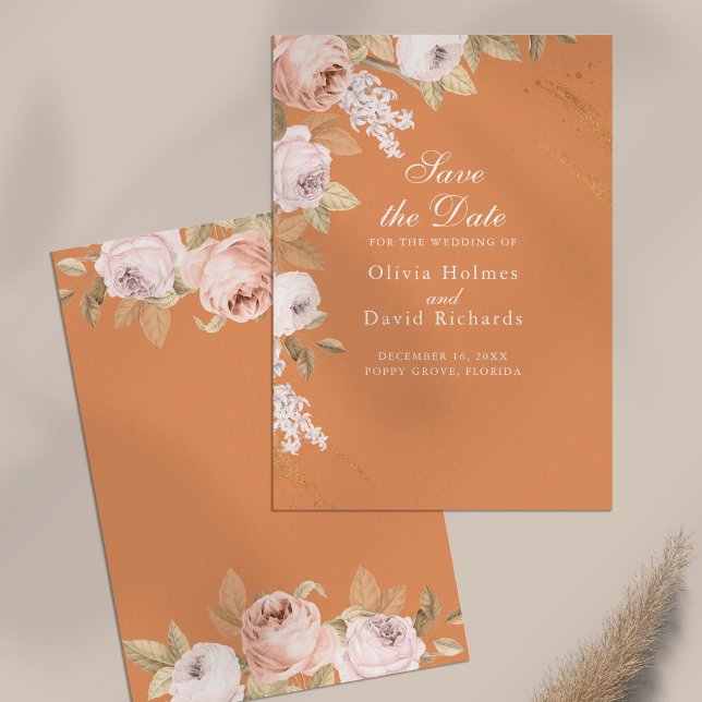 Boho Aprikos Pionor Spara Datum-kort Datumet (Boho Apricot Peonies Save the Date Card on neutral table)