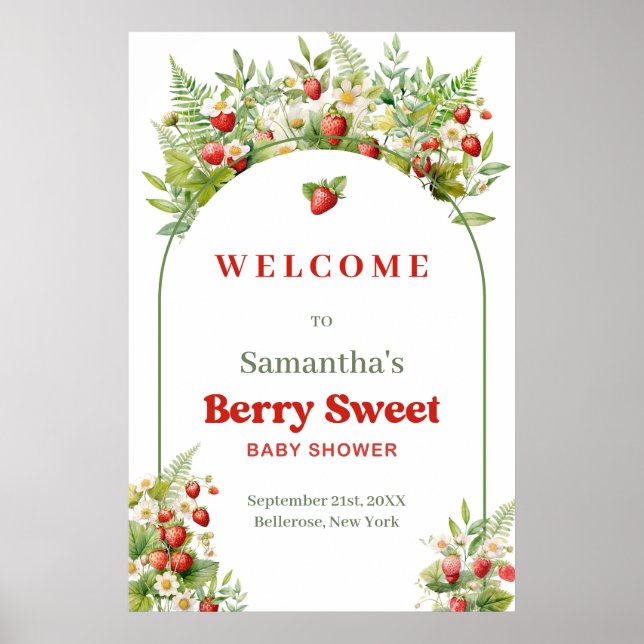 Boho Arch Berry Sweet Vild Strawberry Rosa Välkomm Poster (Framsidan)