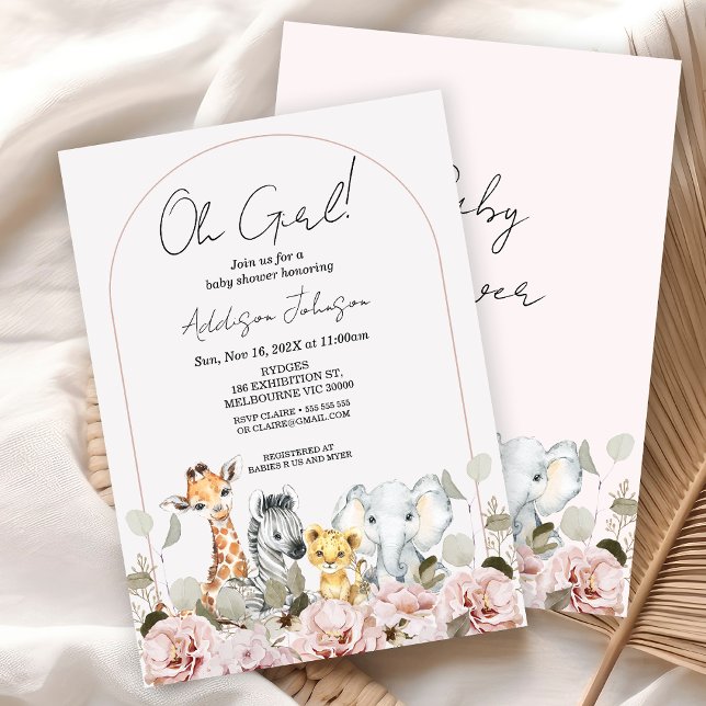 Boho Arch  Blommigt Safari Baby Shower Inbjudningar (Boho Floral Safari Baby Shower Invitation Girl, Modern Arch Safari Baby Shower Invite, Oh Girls )