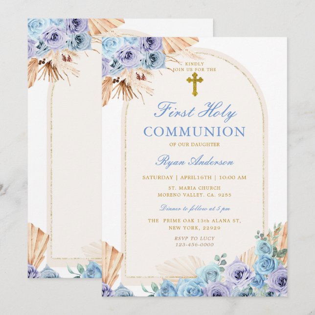 Boho Arch Blue Blommigt First Heliga Communion Kor Inbjudningar (Fram/baksida)