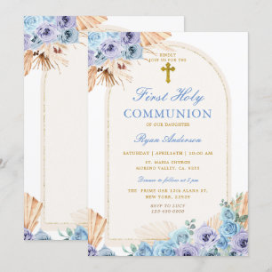 Boho Arch Blue Blommigt First Heliga Communion Kor Inbjudningar