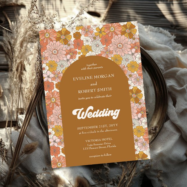Boho arch-brun orange och elfenben inbjudningar (Boho arch brown orange and ivory flowers invitation)