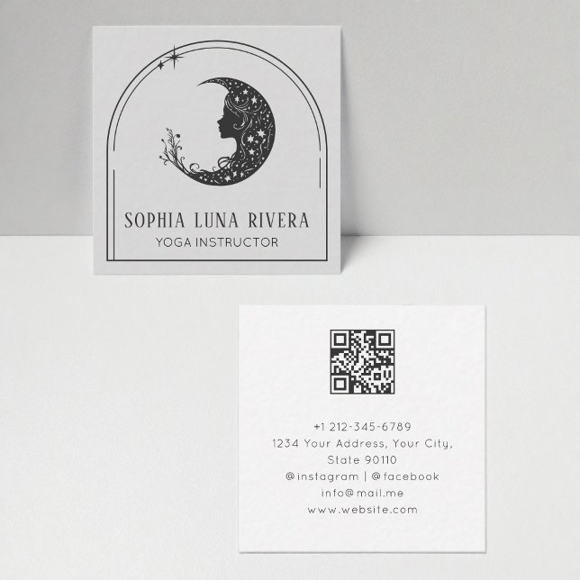 Boho Arch Celestial Crescent Måne QR-kod Fyrkantigt Visitkort (Boho Arch Celestial Crescent Moon QR Code Square Business Card)