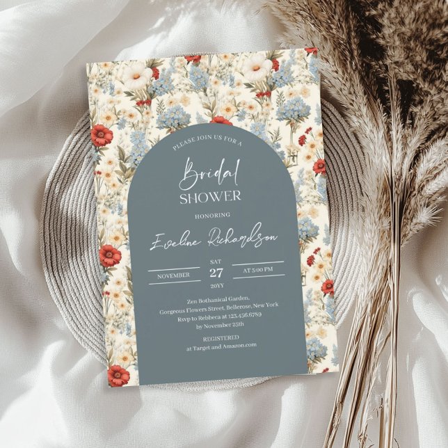 Boho arch dammiga blue och burgundy wildblomma inbjudningar (Boho arch dusty blue and burgundy wildflowers invitation)
