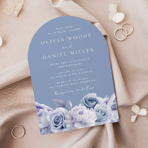 Boho Arch Dusty Blue Blommigt Bröllop Inbjudningar