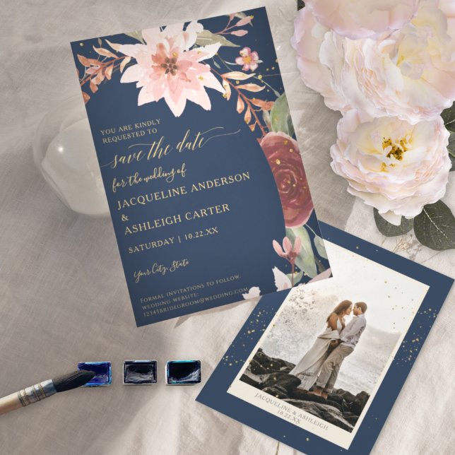 BOHO Arch Elegant Navy  n Red Blommigt w Guld Spara Datumet (Skapare uppladdad)