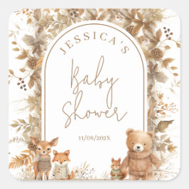 Boho Arch Fall Woodland Animals Baby Shower Fyrkantigt Klistermärke